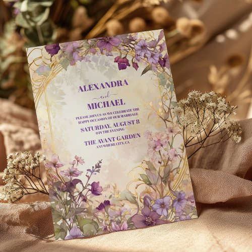 Purple Ultra Violet Floral Gold Wedding  Invitation