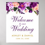 Purple Ultra Violet Floral Gold Wedding Welcome Poster at Zazzle