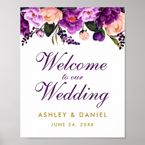 Purple Ultra Violet Floral Gold Wedding Welcome Poster