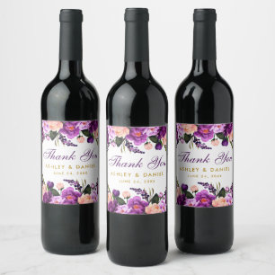 Purple Ultra Violet Floral Gold Wedding Wine Label