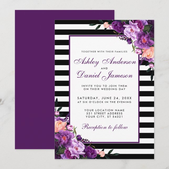 Purple Ultra Violet Floral Wedding Invitation PS B (Front/Back)