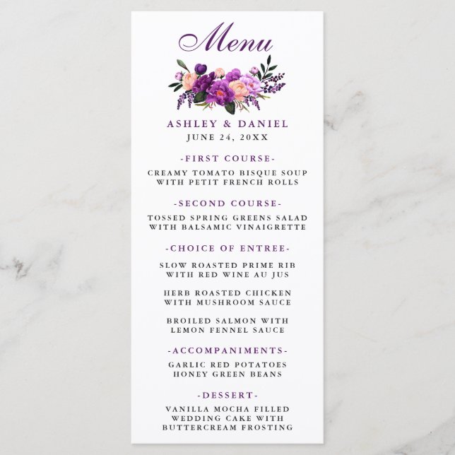 Purple Ultra Violet Floral Wedding Menu (Front)