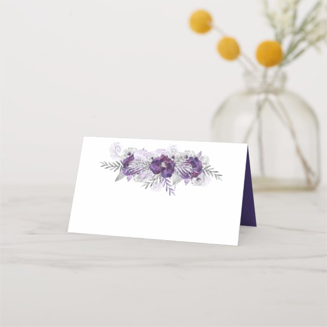 Purple Ultra Violet Lavender Gray Watercolor Roses Place Card (Back)