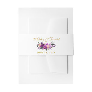 Purple Ultra Violet Watercolor Floral Gold Wedding Invitation Belly Band