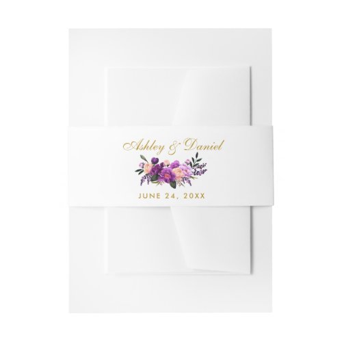 Purple Ultra Violet Watercolor Floral Gold Wedding Invitation Belly Band