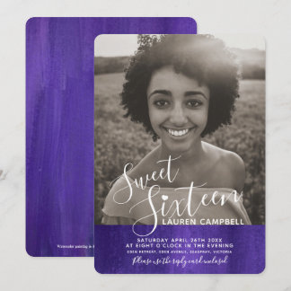 Purple ultraviolet modern art sweet sixteen photo invitation