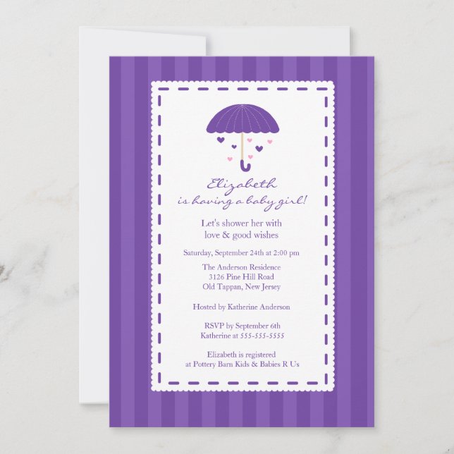 Purple Umbrella Baby Girl Baby Shower Invitation (Front)