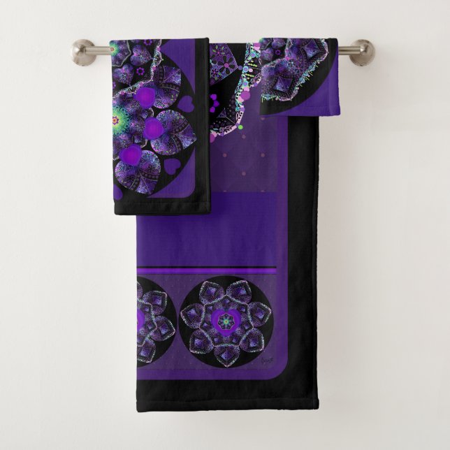 Purple umbrella & hearts .7 bath towel set (Insitu)