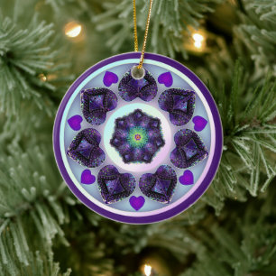 Purple umbrella & hearts .7 ceramic ornament