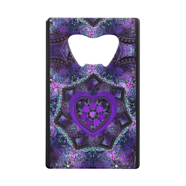 Purple umbrella & hearts .7 credit card bottle opener (Front)