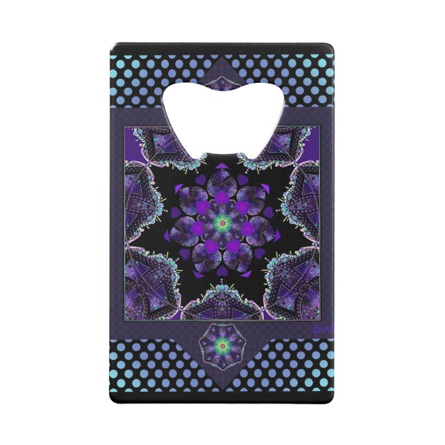 Purple umbrella & hearts .7 credit card bottle opener (Front)