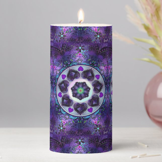 Purple umbrella & hearts .7 pillar candle (In Situ)