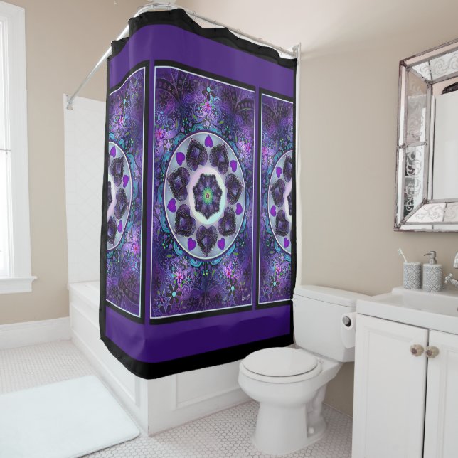 Purple umbrella & hearts .7 shower curtain (In Situ)