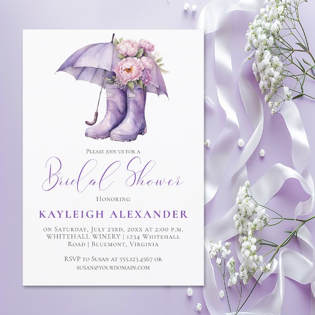 Purple Umbrella Rain Boots Pink Floral Bridal | Invitation (Creator Uploaded)