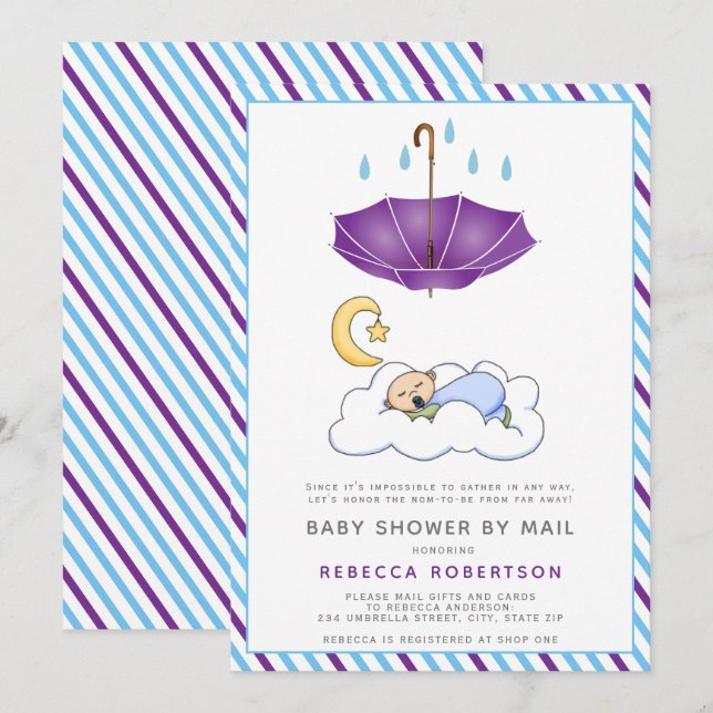 Purple umbrella, sleeping baby boy shower by mail invitation (Front/Back)