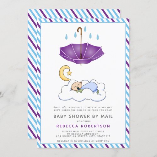 Purple umbrella sleeping baby boy shower by mail invitation