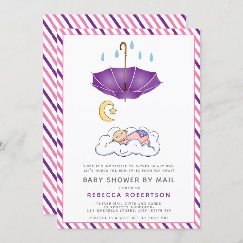 Purple umbrella sleeping baby girl shower by mail invitation