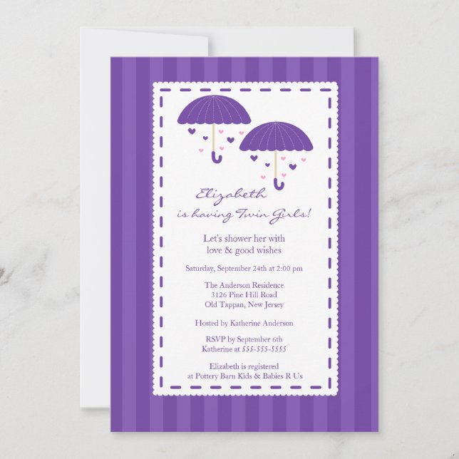Purple Umbrella Tiwns Baby Shower Invitation (Front)
