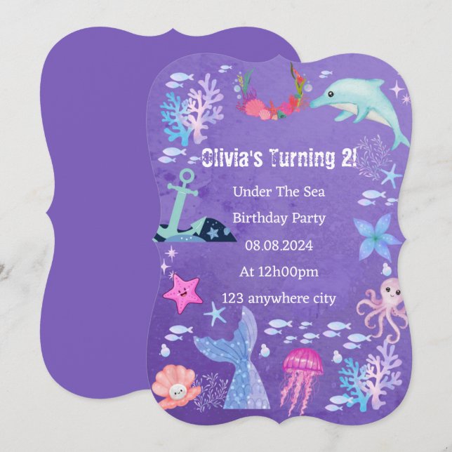 PURPLE UNDER THE SEA BIRTHDAY INVITATION (Front/Back)