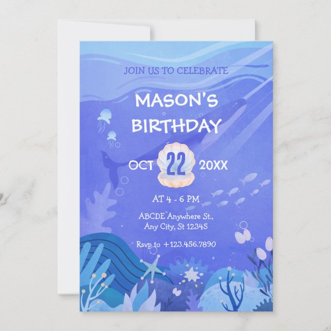 Purple under the sea creatures birthday  invitation (Front)