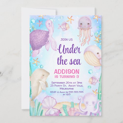 Purple Under The Sea Creatures Critters Birthday Invitation