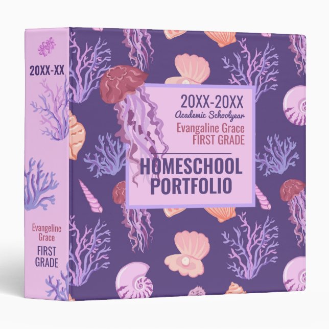 Purple Under the Sea Homeschool Portfolio 3 Ring Binder (Front/Spine)