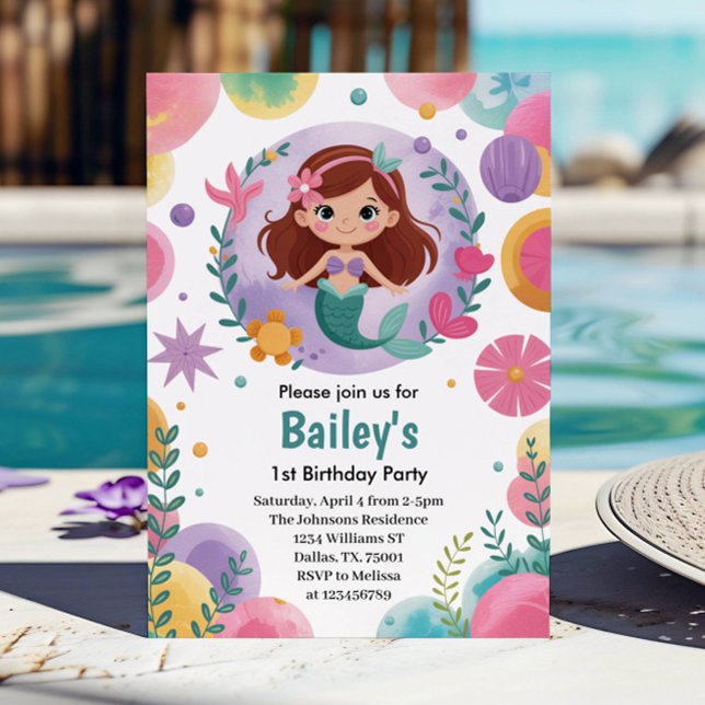 Purple Under The Sea Mermaid 1st Birthday Party Invitation (Creator Uploaded)