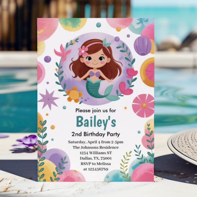 Purple Under The Sea Mermaid 2nd Birthday Party Invitation (Creator Uploaded)