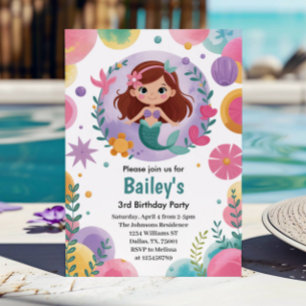 Purple Under The Sea Mermaid 3rd Birthday Party Invitation
