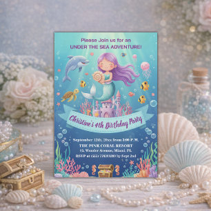 Purple Under the Sea Mermaid 4th Birthday Party Invitation