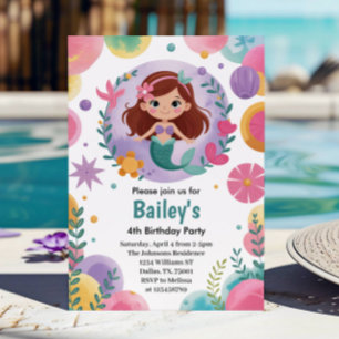 Purple Under The Sea Mermaid 4th Birthday Party Invitation