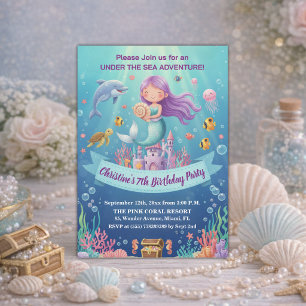 Purple Under the Sea Mermaid 7th Birthday Party Invitation