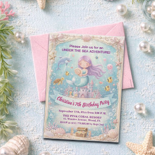 Purple Under the Sea Mermaid 7th Birthday Party Invitation