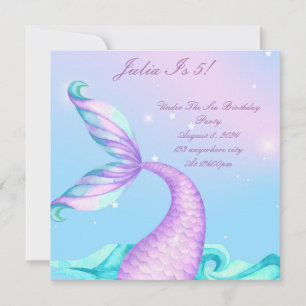 Purple under the sea mermaid tail birthday invitat save the date