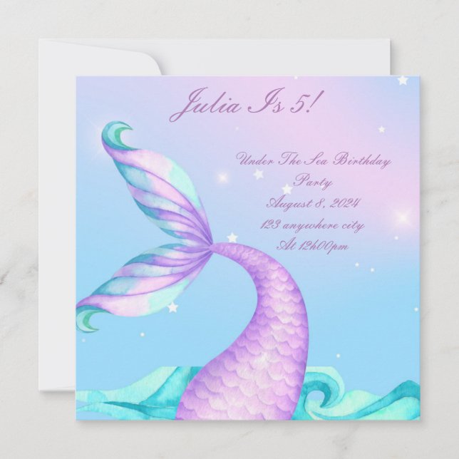 Purple under the sea mermaid tail birthday invitat save the date (Front)