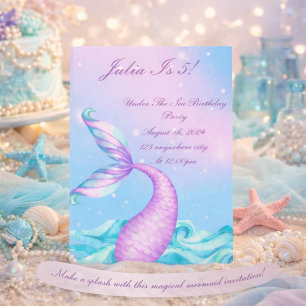 Purple under the sea mermaid tail birthday invitat save the date