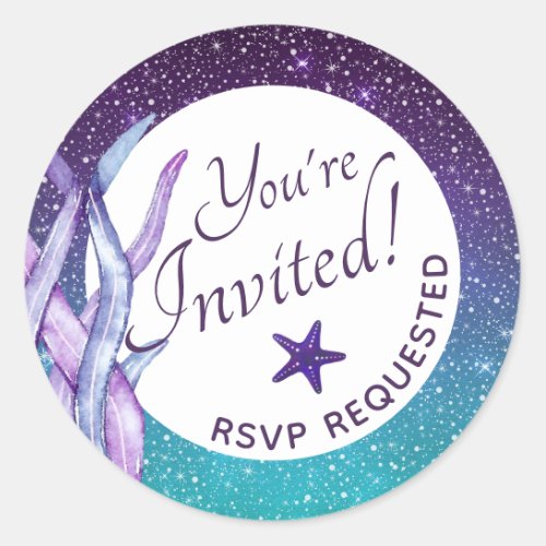 Purple Under The Sea Theme Party Youre Invited Classic Round Sticker