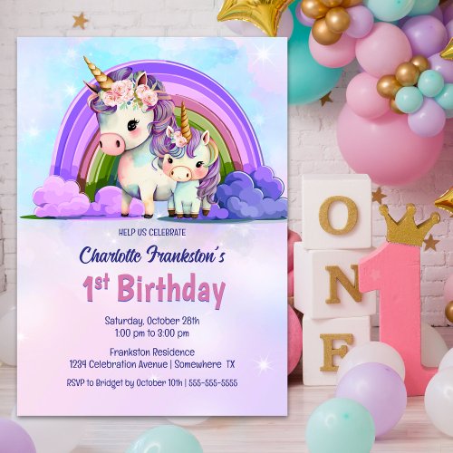 Purple Unicorn 1st Birthday Party Invitation