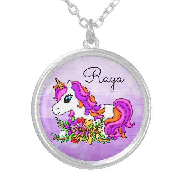 Purple Unicorn and Flowers Girl's Name Silver Plated Necklace (Front)