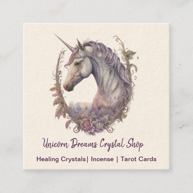Purple Unicorn and Flowers Square Business Card (Front)