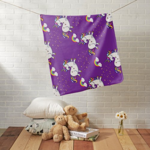 Purple Unicorn and Golden Stars Baby Blanket