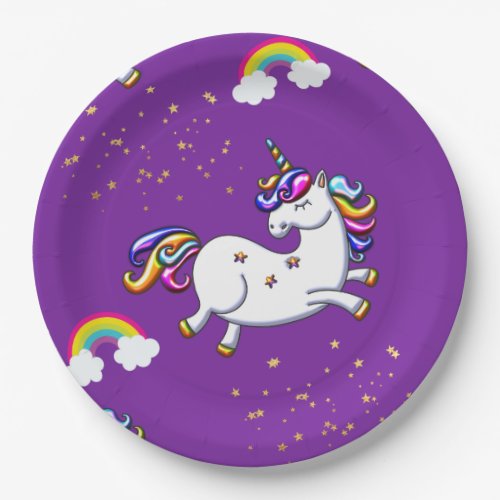 Purple Unicorn and Golden Stars Paper Plates