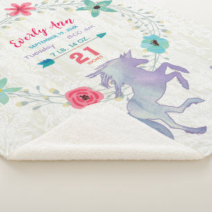 Purple Unicorn Baby Girl Birth Stats Watercolor Sherpa Blanket