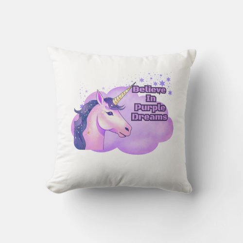 Purple Unicorn Believe in Purple Dreams Throw Pillow