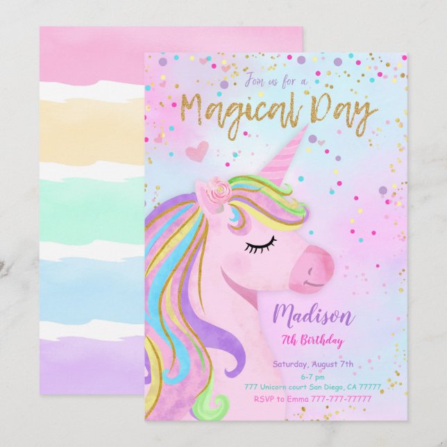 Purple Unicorn Birthday Invitation (Front/Back)