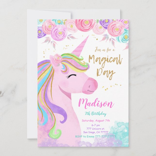 Pretty Glitter Purple Unicorn Children's Birthday Party Invitations - The Card Zoo