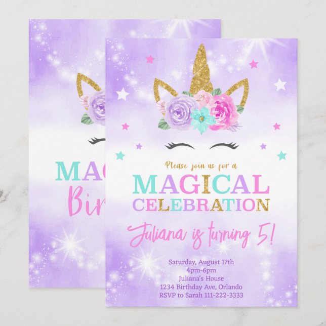 Purple Unicorn Birthday Invitation (Front/Back)