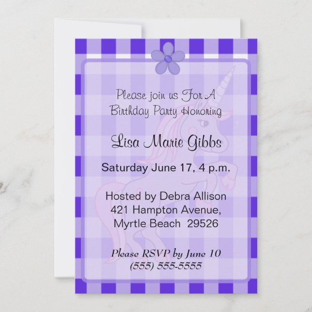 Purple Unicorn Birthday Invitations (Front)