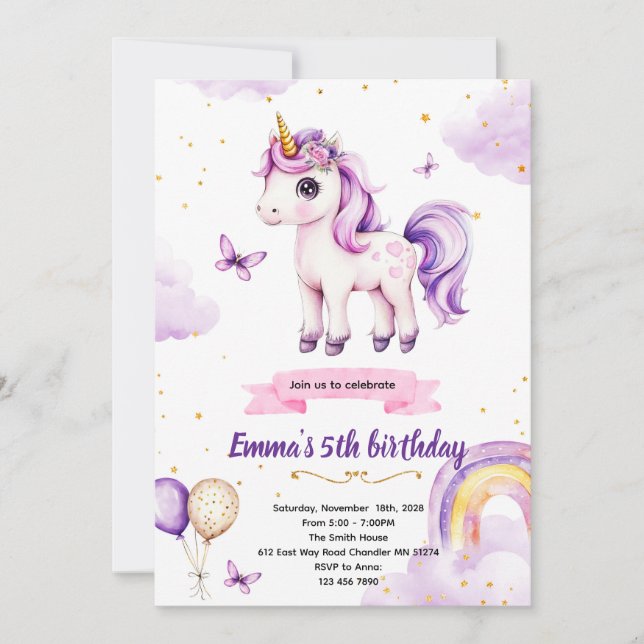 Purple unicorn birthday party invitation (Front)