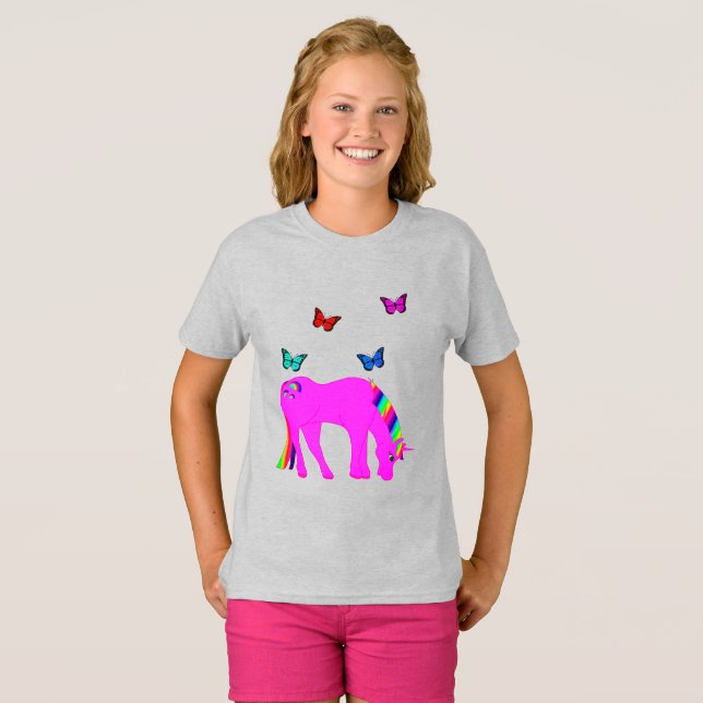 Purple Unicorn & Butterflies Girl's T-Shirt (Front Full)